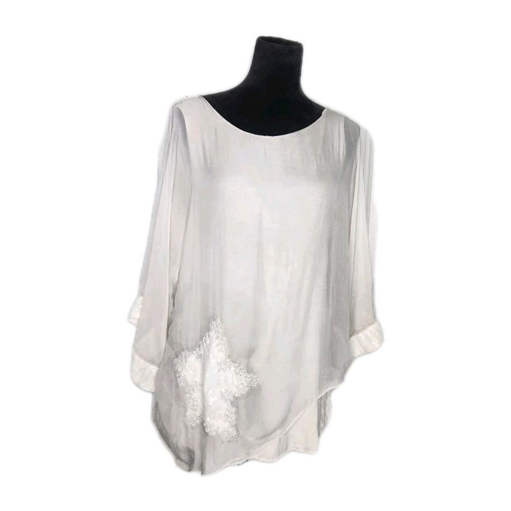 Allegra Eider White Layered Lagenlook Silk Blend Embroidered Sequin Star Top OS